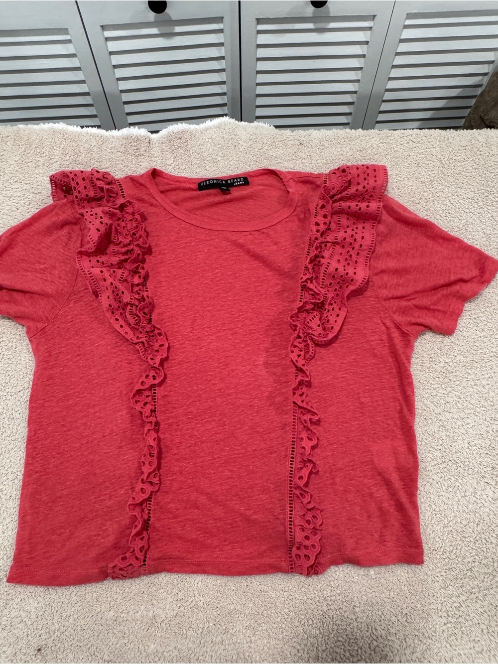 Veronica Beard Jeans Linen Lace Trim Top | Size L | Red